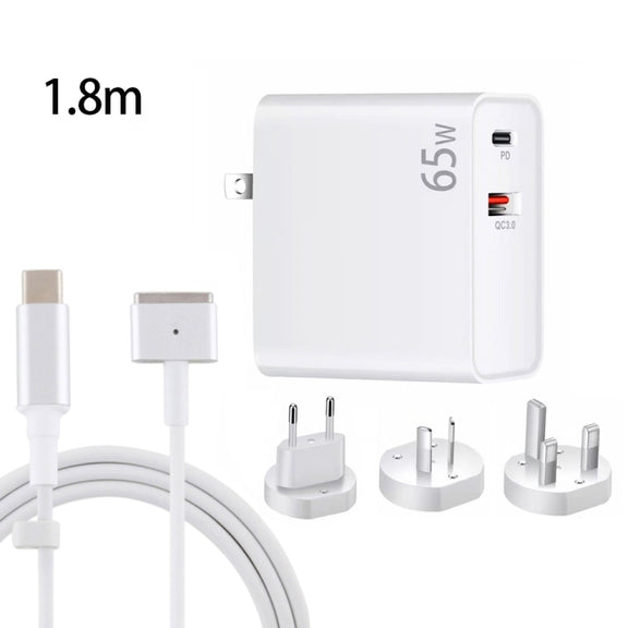PD-65W USB-C / Type-C + QC3. 0 USB Laptop Charging Adapter + 1.8m USB-C / Type-C to MagSafe 2 / T Head Data Cable,  EU Plug / AU Plug / UK Plug / US Plug(White)