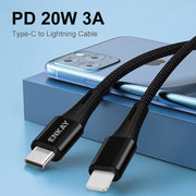 ENKAY PD 20W 3A USB-C / Type-C to 8 Pin Fast Charging Nylon Braided Data Cable, Length:1m(Green)
