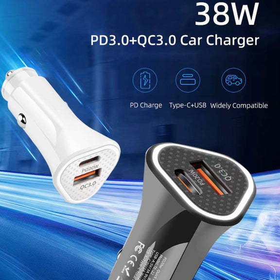 TE-P23 38W PD 20W USB-C / Type-C + QC3. 0 USB Triangle Car Charger + USB to Micro USB Data Cable, Length: 1m(White)