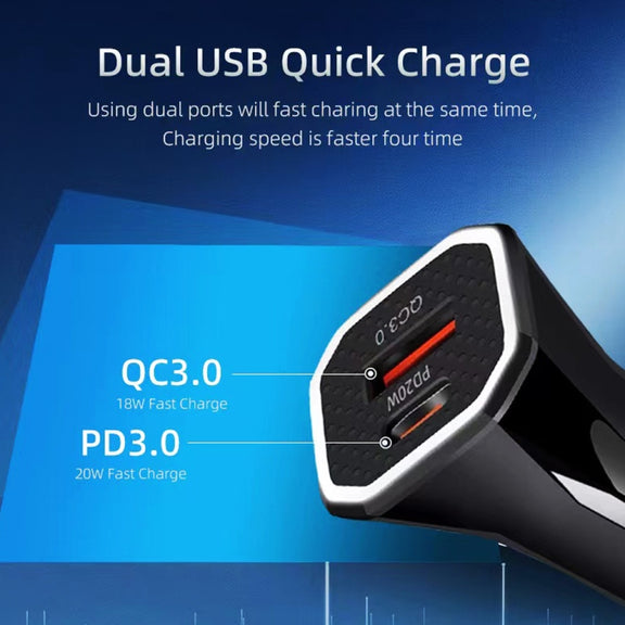 TE-P22 38W PD USB-C / Type-C + QC3. 0 USB Car Charger with 1m USB-C / Type-C to USB-C / Type-C Data Cable(White)
