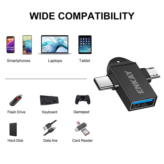 ENKAY ENK-AT112 2 in 1 Type-C + Micro USB to USB 3.0 Aluminium Alloy OTG Adapter(Black)