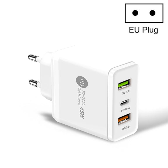 45W PD3.0 + 2 x QC3.0 USB Multi Port Quick Charger, EU Plug(White)