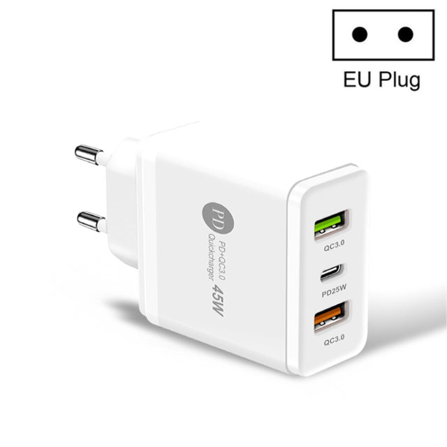 45W PD3.0 + 2 x QC3.0 USB Multi Port Quick Charger, EU Plug(White)