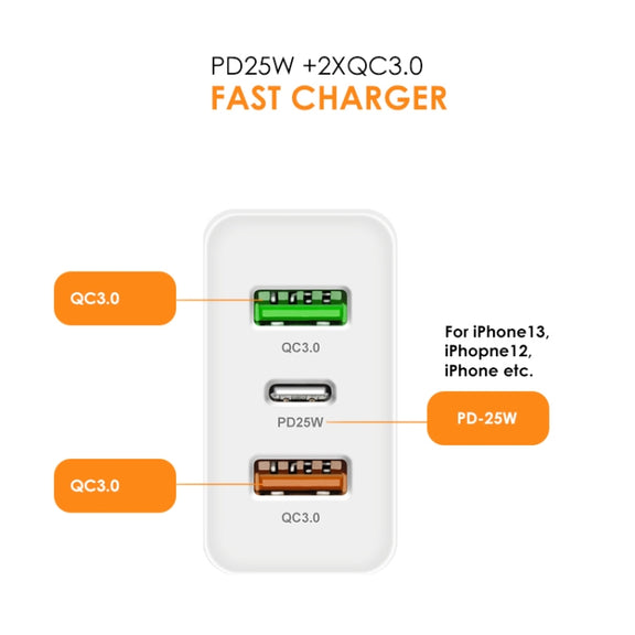 45W PD3.0 + 2 x QC3.0 USB Multi Port Quick Charger, EU Plug(White)