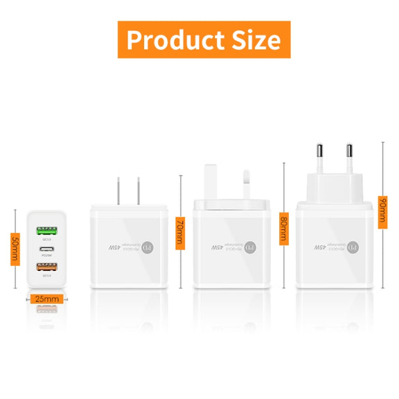 45W PD3.0 + 2 x QC3.0 USB Multi Port Quick Charger, EU Plug(White)