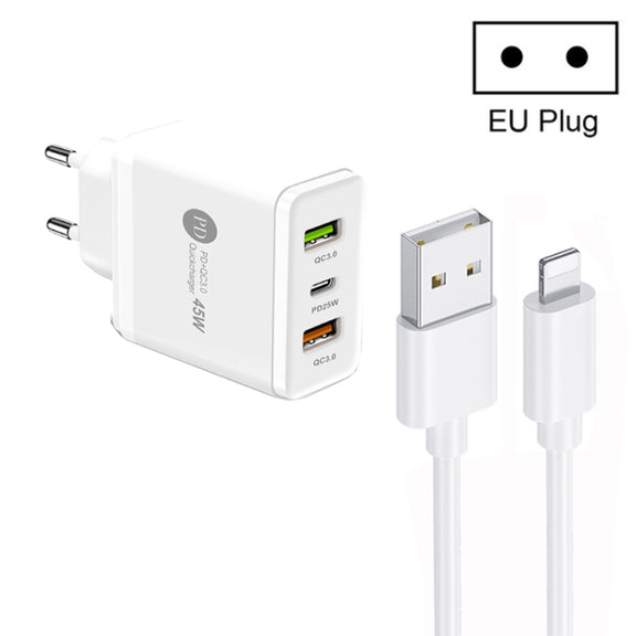 45W PD25W + 2 x QC3.0 USB Multi Port Charger with USB to 8 Pin Cable, EU Plug(White)