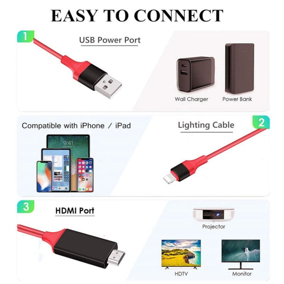 2m 1080P 8 Pin to HDMI Adapter Cable, Compatible with iPhone to HDMI Adapter(Black)