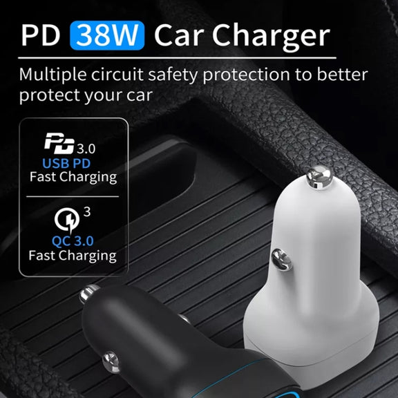38W PD20W + QC3.0 USB Car Charger with USB to Type-C Data Cable, Length: 1m(White)