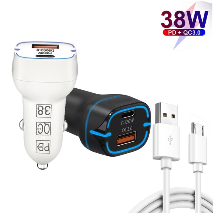 38W PD20W + QC3.0 USB Car Charger with USB to Micro USB Data Cable, Length: 1m(Black) - Car Charger by PMC TechLife | Online Shopping South Africa | PMC TechLife