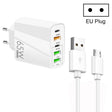 65W Dual PD Type-C + 3 x USB Multi Port Charger with 3A USB to Micro USB Data Cable, EU Plug(White) - USB Charger by PMC TechLife | Online Shopping South Africa | PMC TechLife | Buy Now Pay Later Mobicred