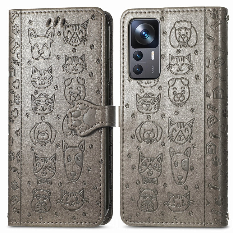 For Xiaomi 12T / 12T Pro / Redmi K50 Ultra Cute Cat and Dog Embossed Leather Phone Case(Gray)
