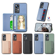 For Xiaomi 12T Carbon Fiber Magnetic Card Bag Phone Case(Khaki)