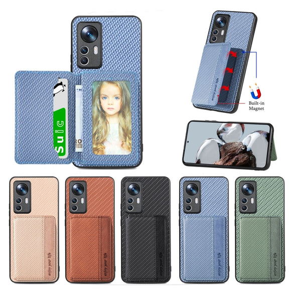 For Xiaomi 12T Carbon Fiber Magnetic Card Bag Phone Case(Khaki)