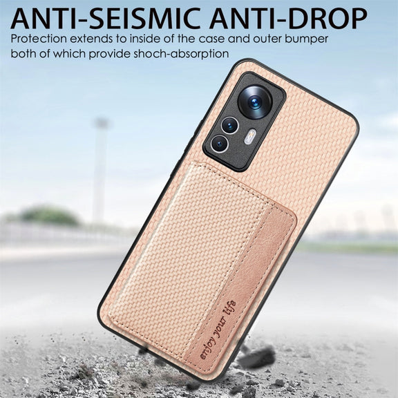 For Xiaomi 12T Carbon Fiber Magnetic Card Bag Phone Case(Khaki)