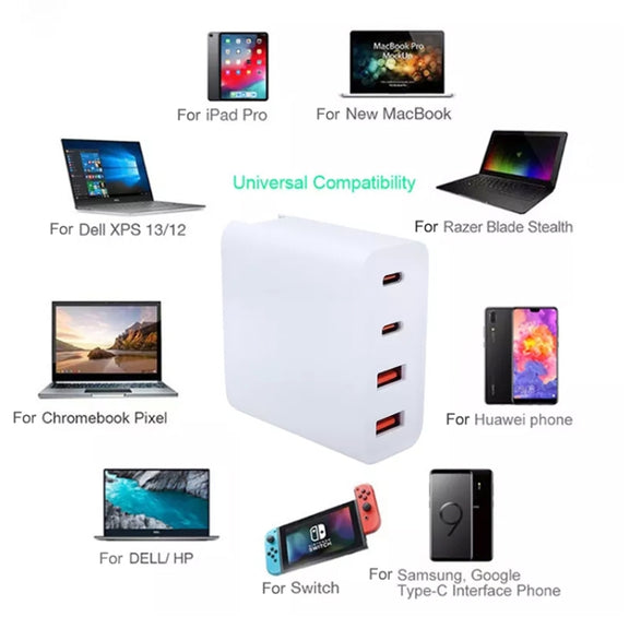 GaN 100W Dual USB + Dual USB-C/Type-C Multi Port Charger for Apple MacBook Series US / EU / UK Plug