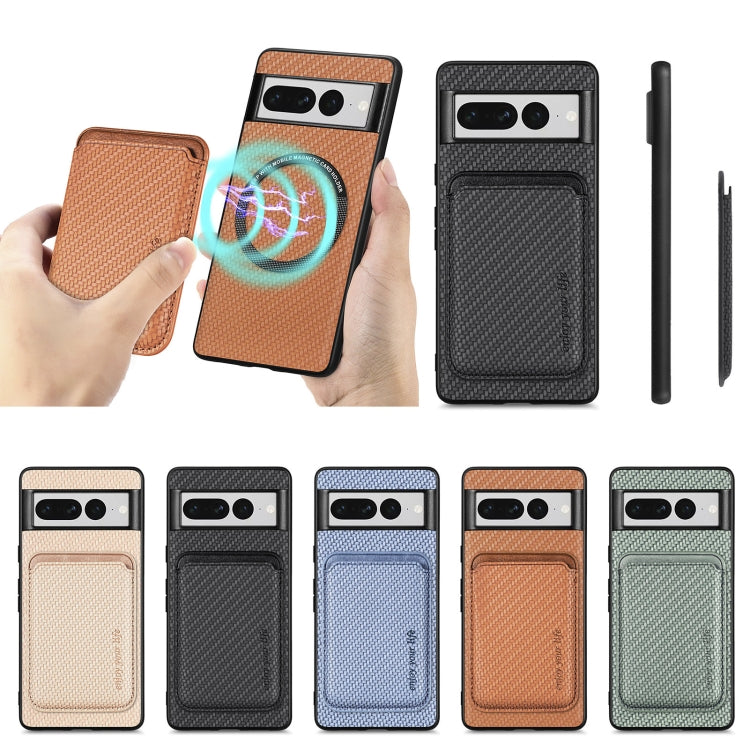 For Google Pixel 7 Pro Carbon Fiber Leather Card Magsafe Phone Case(Khaki)