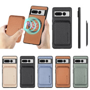 For Google Pixel 7 Pro Carbon Fiber Leather Card Magsafe Phone Case(Khaki)