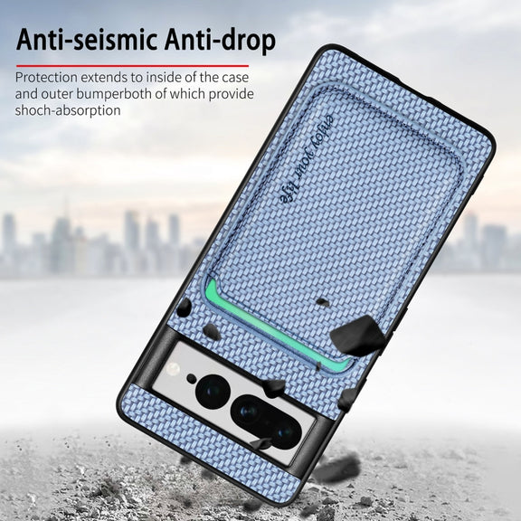 For Google Pixel 7 Pro Carbon Fiber Leather Card Magsafe Phone Case(Khaki)