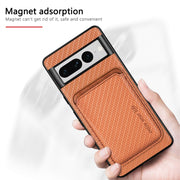 For Google Pixel 7 Pro Carbon Fiber Leather Card Magsafe Phone Case(Khaki)