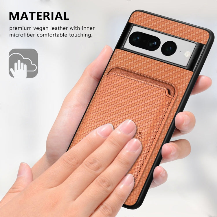 For Google Pixel 7 Pro Carbon Fiber Leather Card Magsafe Phone Case(Khaki)