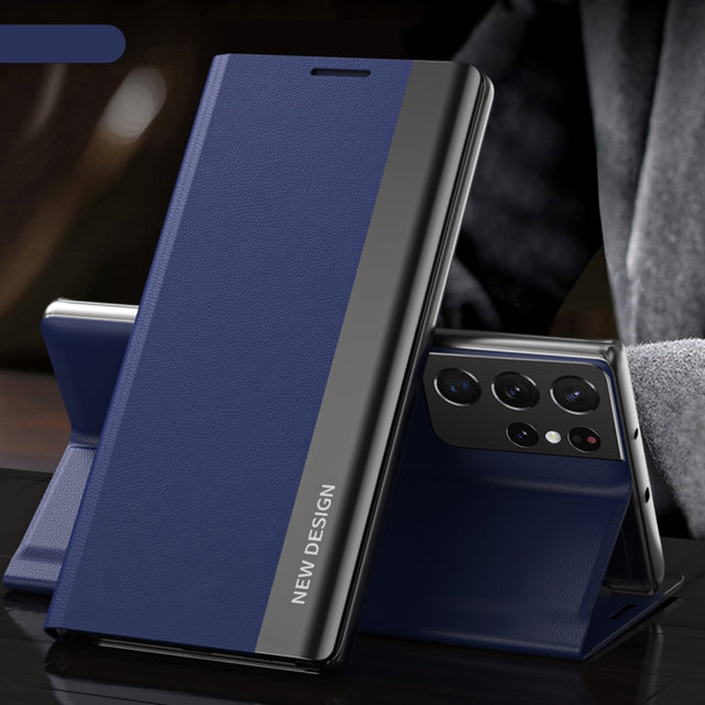 For Samsung Galaxy S23 Ultra 5G Side Electroplated Adsorption Leather Phone Case(Dark Blue)