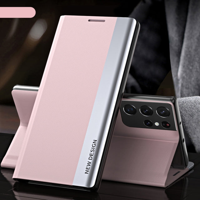 For Samsung Galaxy S23 Ultra 5G Side Electroplated Adsorption Leather Phone Case(Pink)