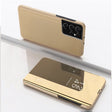 For Samsung Galaxy S23 Ultra 5G Plated Mirror Leather Phone Case with Holder(Gold) - free shipping - PMC TechLife - Order now!