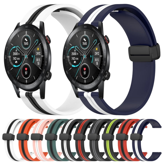 For Honor MagicWatch2 42mm 20mm Folding Magnetic Clasp Silicone Watch Band(Olive Green + Black)