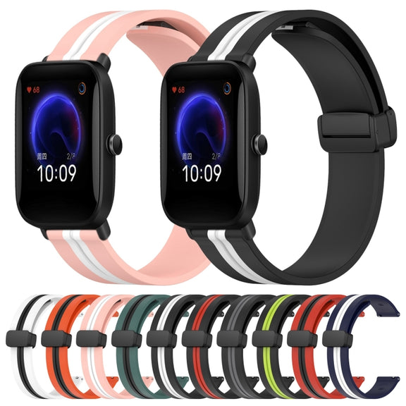 For Amazfit Pop 20mm Folding Magnetic Clasp Silicone Watch Band(Black+White)