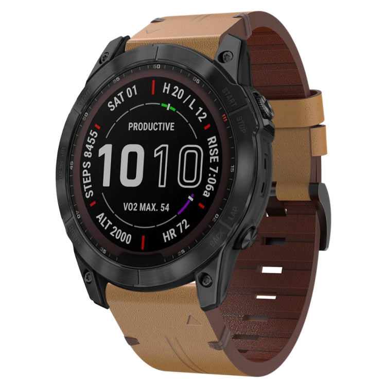 For Garmin Fenix 7X 26mm Leather Steel Buckle Watch Band (Light Brown) - Smart Wear by PMC TechLife | Online Shopping South Africa | PMC TechLife