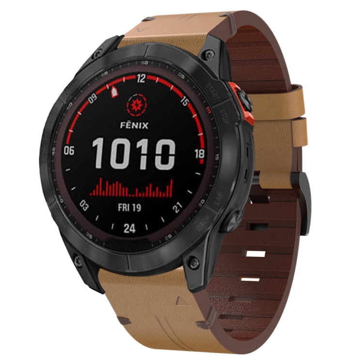For Garmin Fenix 7X Solar 26mm Leather Steel Buckle Watch Band (Light Brown) - Smart Wear by PMC TechLife | Online Shopping South Africa | PMC TechLife