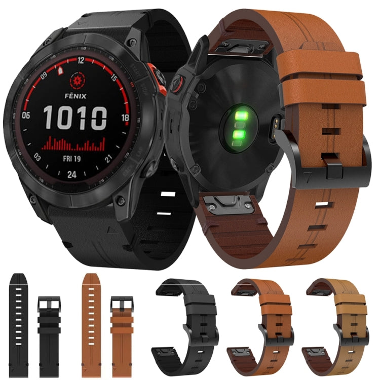 For Garmin Fenix 7X Solar 26mm Leather Steel Buckle Watch Band (Light Brown) - Smart Wear by PMC TechLife | Online Shopping South Africa | PMC TechLife