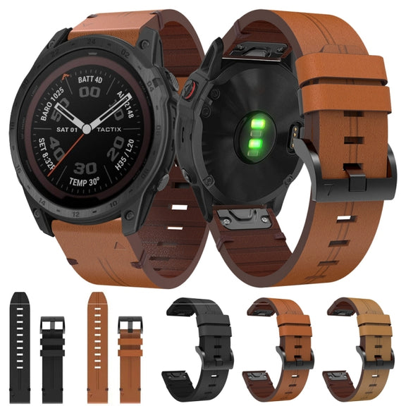 For Garmin Tactix 7 Pro 26mm Leather Steel Buckle Watch Band (Light Brown)