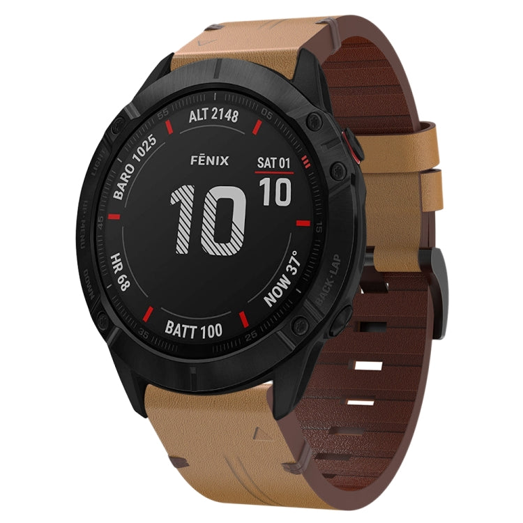 For Garmin Fenix 6X Sapphire 26mm Leather Steel Buckle Watch Band (Light Brown) - Smart Wear by PMC TechLife | Online Shopping South Africa | PMC TechLife