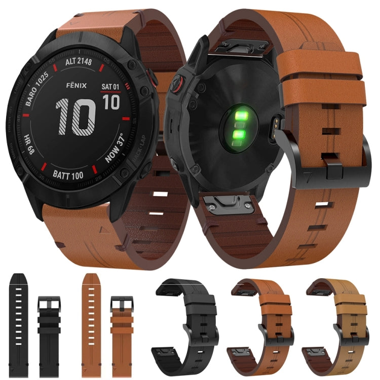 For Garmin Fenix 6X Sapphire 26mm Leather Steel Buckle Watch Band (Light Brown) - Smart Wear by PMC TechLife | Online Shopping South Africa | PMC TechLife