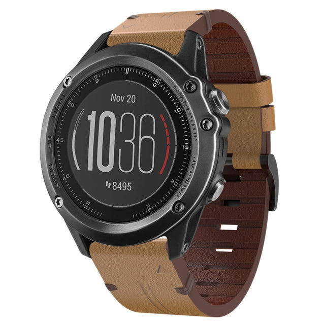 For Garmin Fenix 3 26mm Leather Steel Buckle Watch Band (Light Brown)