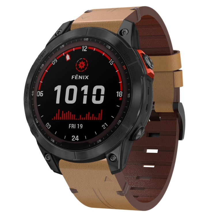For Garmin Fenix 7 Solar 22mm Leather Steel Buckle Watch Band (Light Brown) - Smart Wear by PMC TechLife | Online Shopping South Africa | PMC TechLife