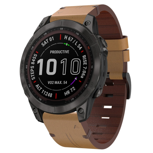 For Garmin Fenix 7 Sapphire Solar 22mm Leather Steel Buckle Watch Band (Light Brown)