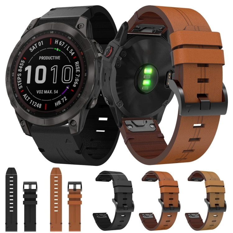 For Garmin Fenix 7 Sapphire Solar 22mm Leather Steel Buckle Watch Band (Light Brown)