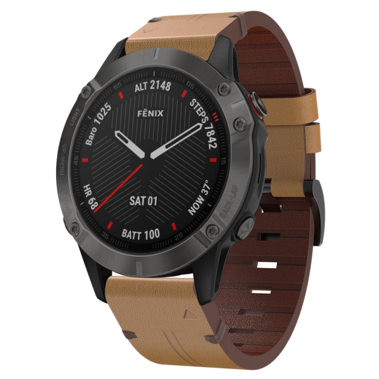 For Garmin Fenix 6 Sapphire GPS 22mm Leather Steel Buckle Watch Band (Light Brown) - Smart Wear by PMC TechLife | Online Shopping South Africa | PMC TechLife
