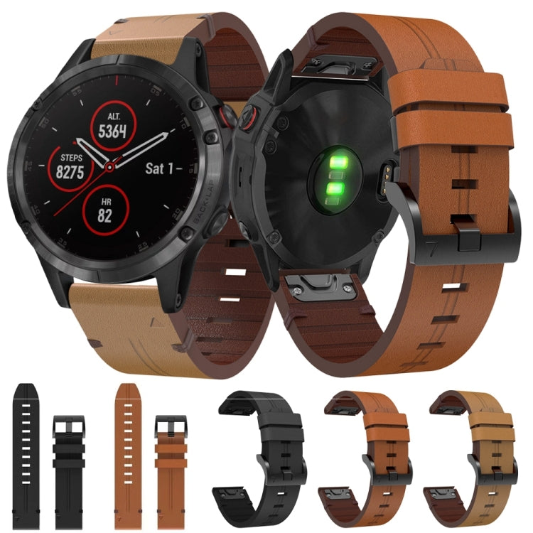 For Garmin Fenix 5 Plus 22mm Leather Steel Buckle Watch Band (Light Brown) - Smart Wear by PMC TechLife | Online Shopping South Africa | PMC TechLife