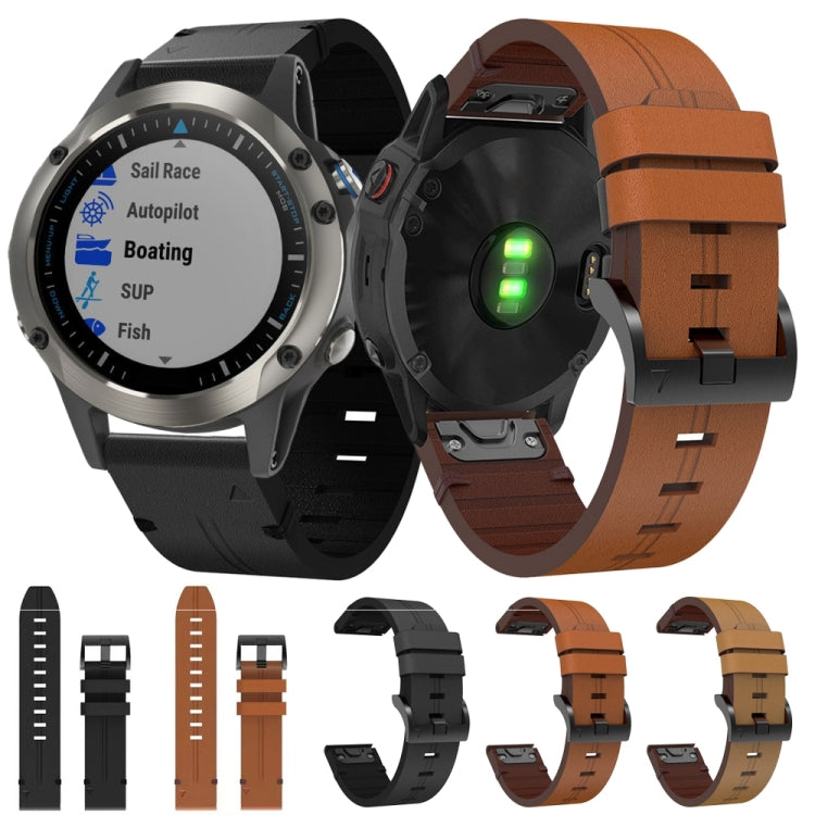 For Garmin Quatix 5 Sapphire 22mm Leather Steel Buckle Watch Band (Light Brown)