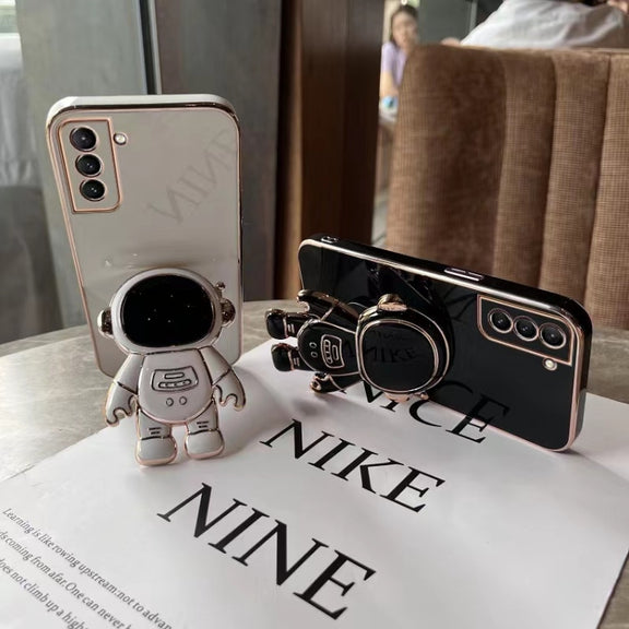 For Samsung Galaxy S22 5G Plating Astronaut Holder Phone Case(Pink)