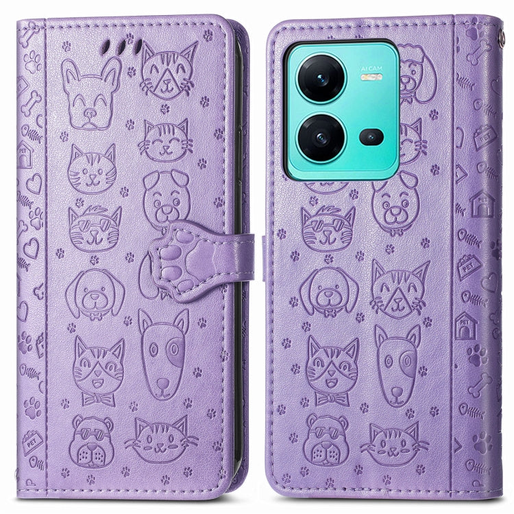 For vivo V25 Cute Cat and Dog Embossed Leather Phone Case(Purple) - vivo Cases by PMC TechLife | Online Shopping South Africa | PMC TechLife | Buy Now Pay Later Mobicred