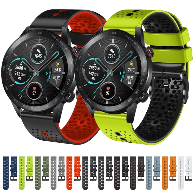 For Honor Magic Watch 2 46mm 22mm Perforated Two-Color Silicone Watch Band(Army Green+Black)