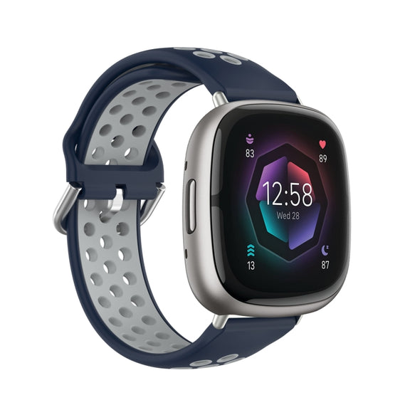 For Fitbit Sense Two-Color Perforated Breathable Silicone Watch Band(Dark Blue+Grey)