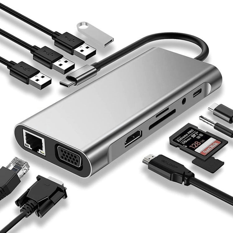 USB C HUB, USB C Adapter 11 in 1 Dongle with 4K HDMI, VGA, Type C PD, USB3.0, RJ45 Ethernet, SD/TF Card Reader, 3.5mm AUX, Docking Station Compatible with MacBook Pro/Air, Other Type C Laptops Devices - Adapter by PMC Jewellery | Online Shopping South Africa | PMC Jewellery | Buy Now Pay Later Mobicred