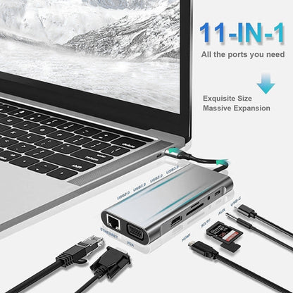 USB C HUB, USB C Adapter 11 in 1 Dongle with 4K HDMI, VGA, Type C PD, USB3.0, RJ45 Ethernet, SD/TF Card Reader, 3.5mm AUX, Docking Station Compatible with MacBook Pro/Air, Other Type C Laptops Devices - Adapter by PMC Jewellery | Online Shopping South Africa | PMC Jewellery | Buy Now Pay Later Mobicred