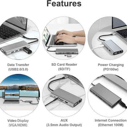 USB C HUB, USB C Adapter 11 in 1 Dongle with 4K HDMI, VGA, Type C PD, USB3.0, RJ45 Ethernet, SD/TF Card Reader, 3.5mm AUX, Docking Station Compatible with MacBook Pro/Air, Other Type C Laptops Devices - Adapter by PMC Jewellery | Online Shopping South Africa | PMC Jewellery | Buy Now Pay Later Mobicred