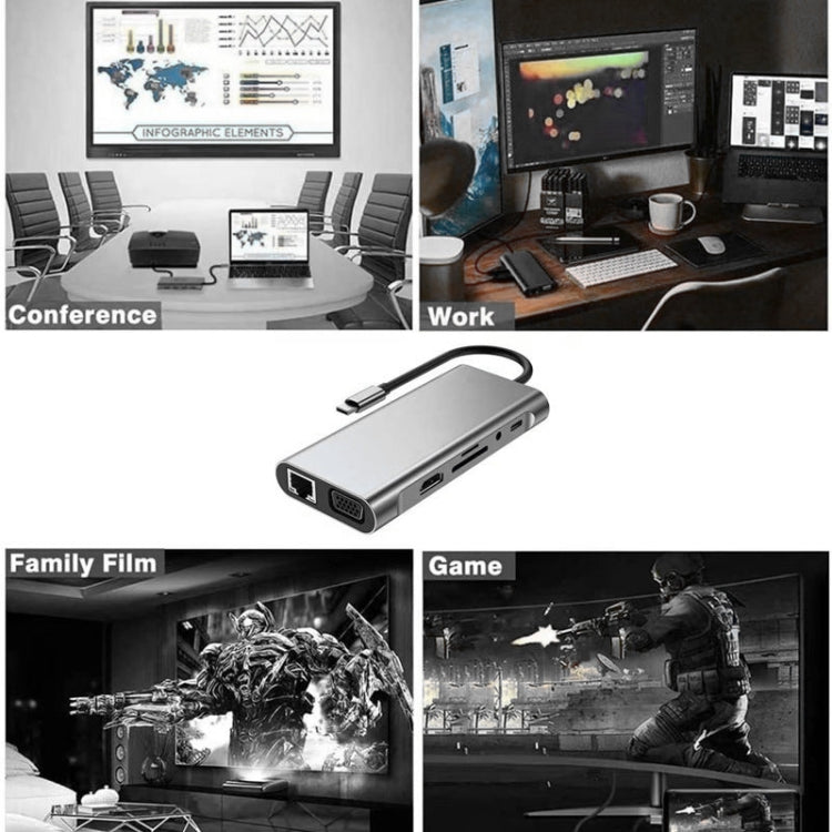 USB C HUB, USB C Adapter 11 in 1 Dongle with 4K HDMI, VGA, Type C PD, USB3.0, RJ45 Ethernet, SD/TF Card Reader, 3.5mm AUX, Docking Station Compatible with MacBook Pro/Air, Other Type C Laptops Devices - Adapter by PMC Jewellery | Online Shopping South Africa | PMC Jewellery | Buy Now Pay Later Mobicred